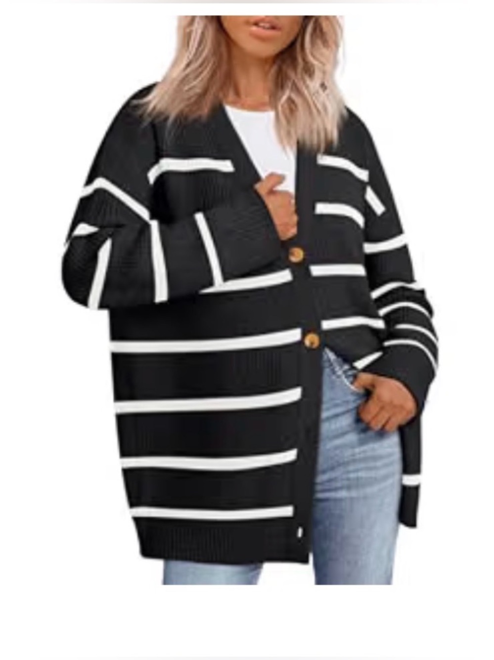 Oversized Striped Black and White Button-Front Cardigan Sweater